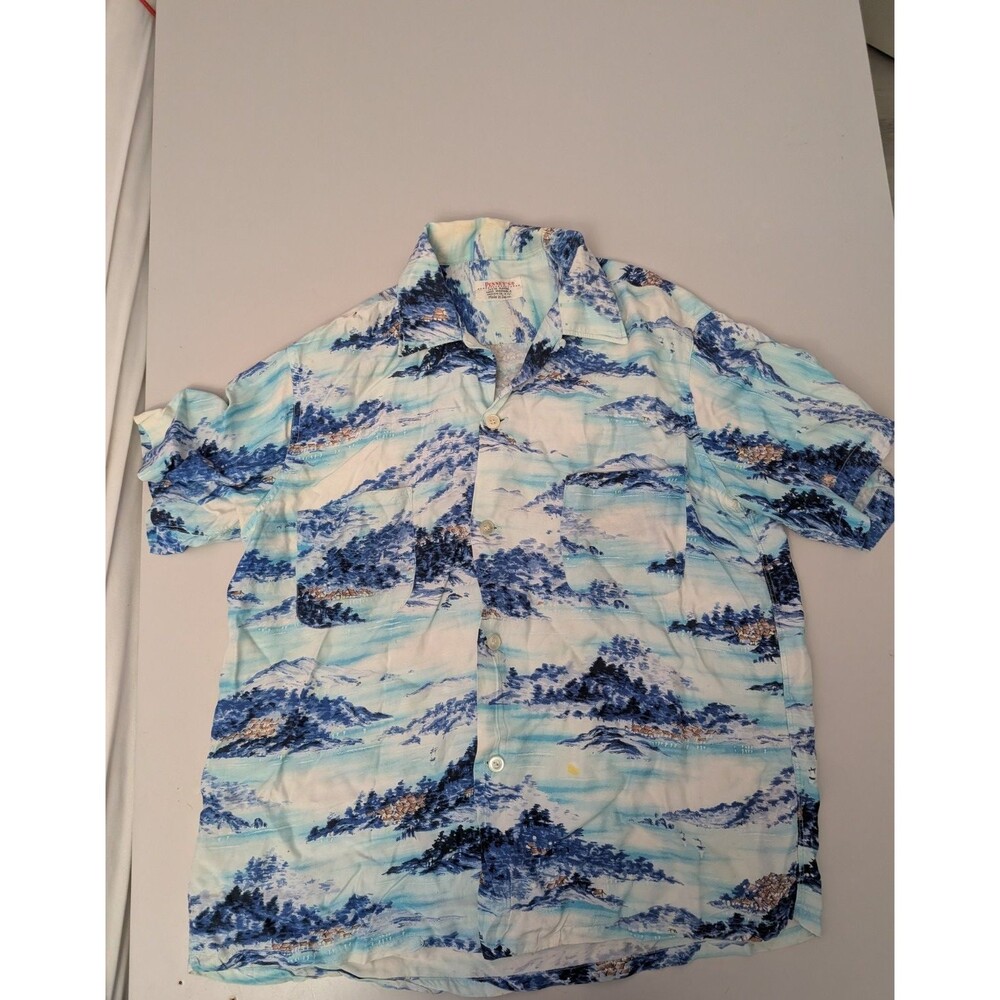 Vintage 50s Penneys Hawaiian Shirt Rayon Made in Japan M Landscape Scenic Aloha